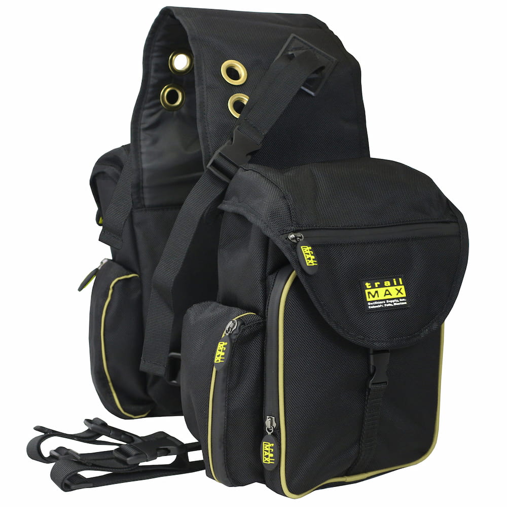Black TrailMax 500 Series Back Pockets saddle bags with yellow trim and multiple compartments, designed for horse riding.