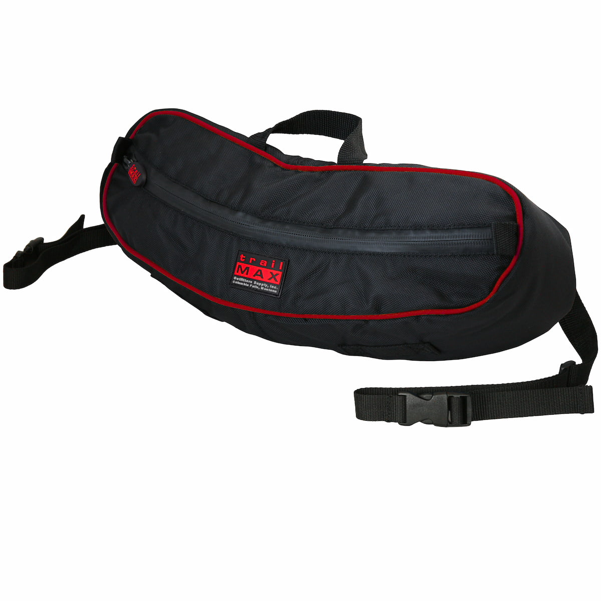 A black and red TrailMax cantle pocket featuring adjustable straps and a weather-resistant zipper on white background