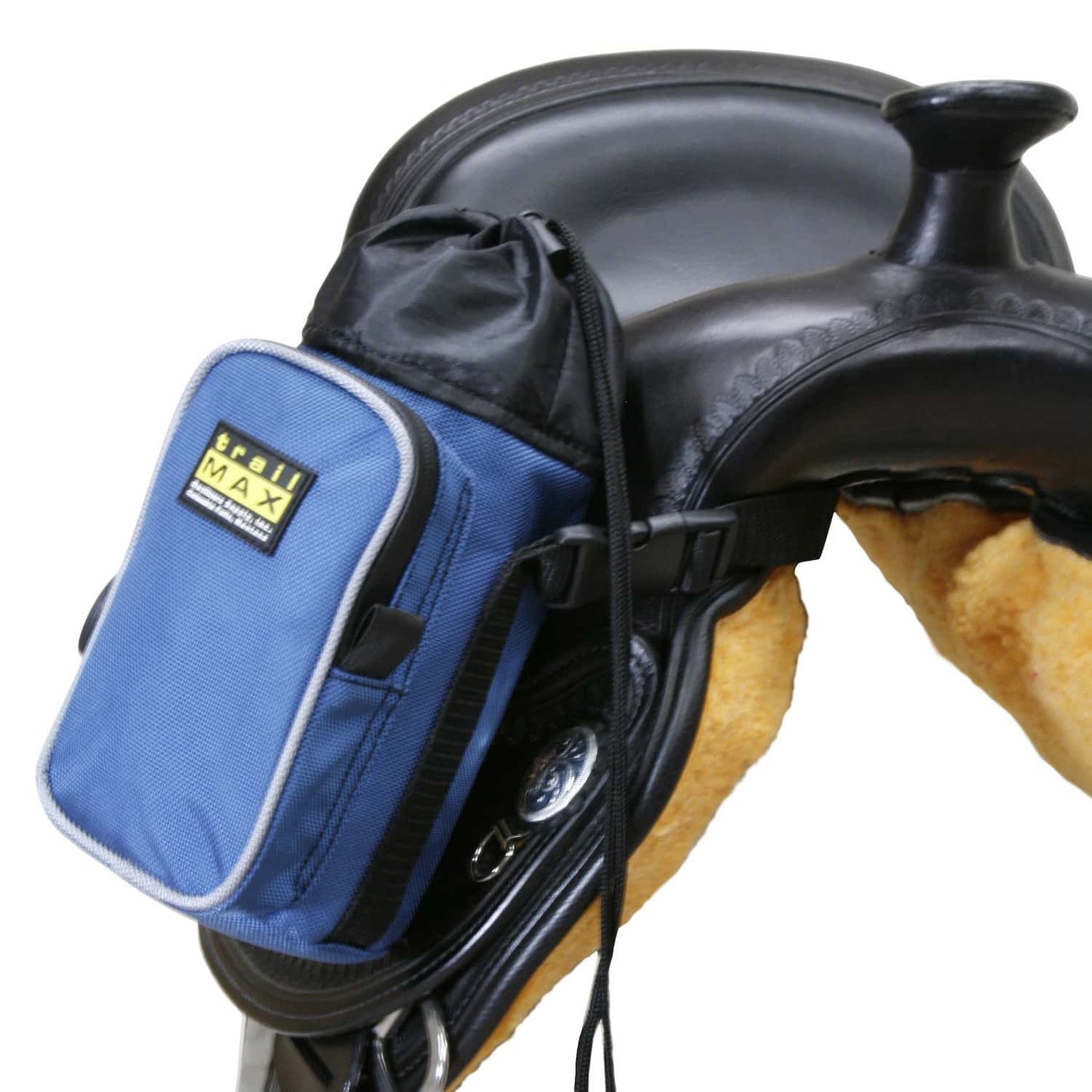Blue 500 Series Water Pocket shown hanging on the pommel of a black western saddle