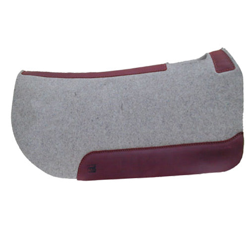 A gray, wool saddle pad with round skirt designed for a mule or horse, featuring leather wear leathers on the top and sides.