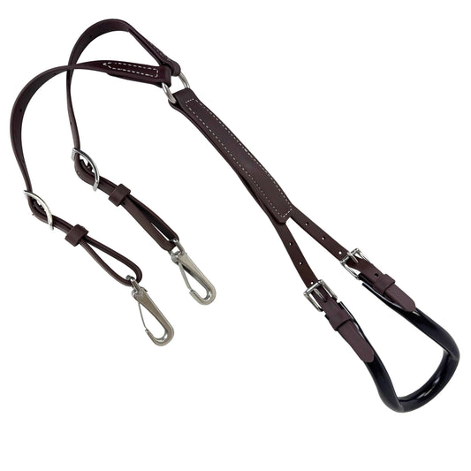 A brown Biothane crupper with double attachment Beta straps, featuring stainless steel hardware and roller buckles.