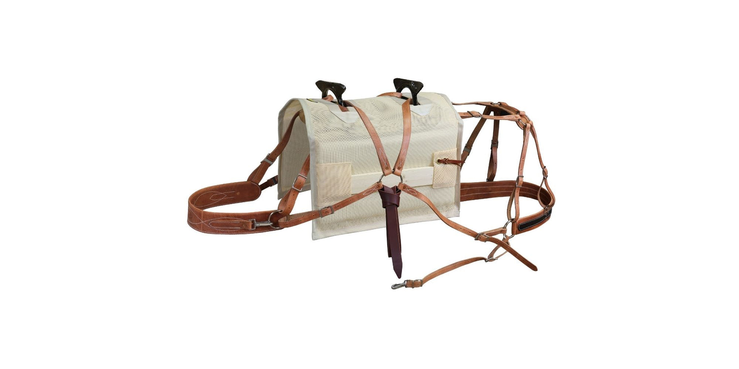 Decker style pack saddle with modified arches, mesh cover and leather rigging