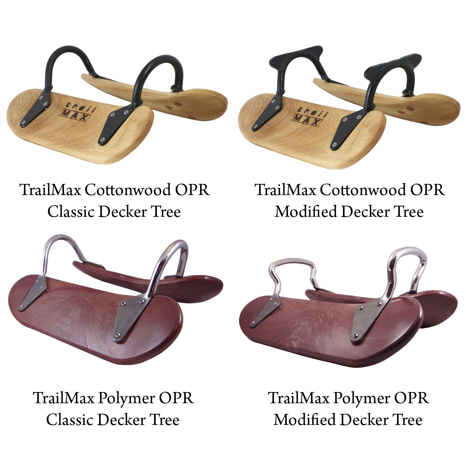 Four different TrailMax  pack saddle trees on a white background