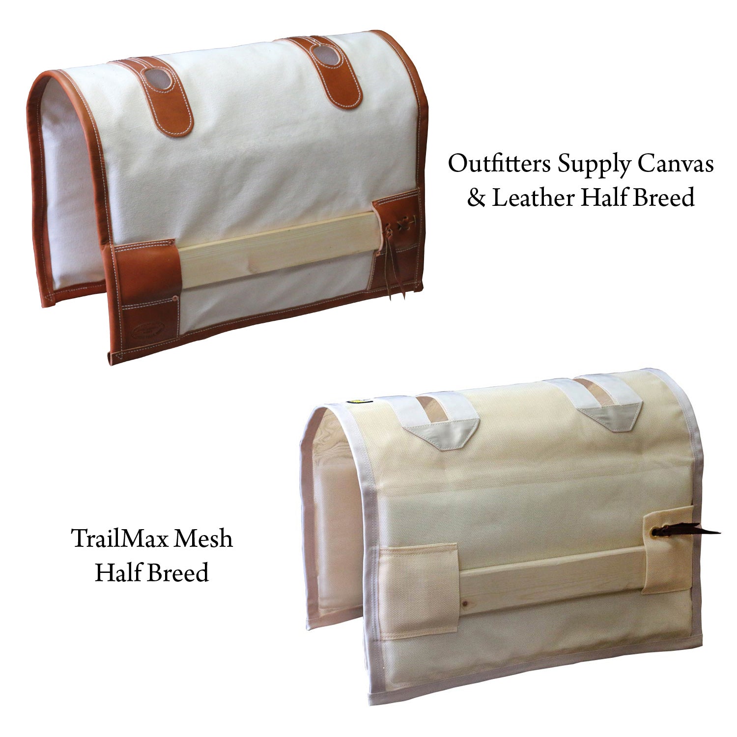 Two [pack saddle covers, one with leather trim and the other with mesh, on a white background.