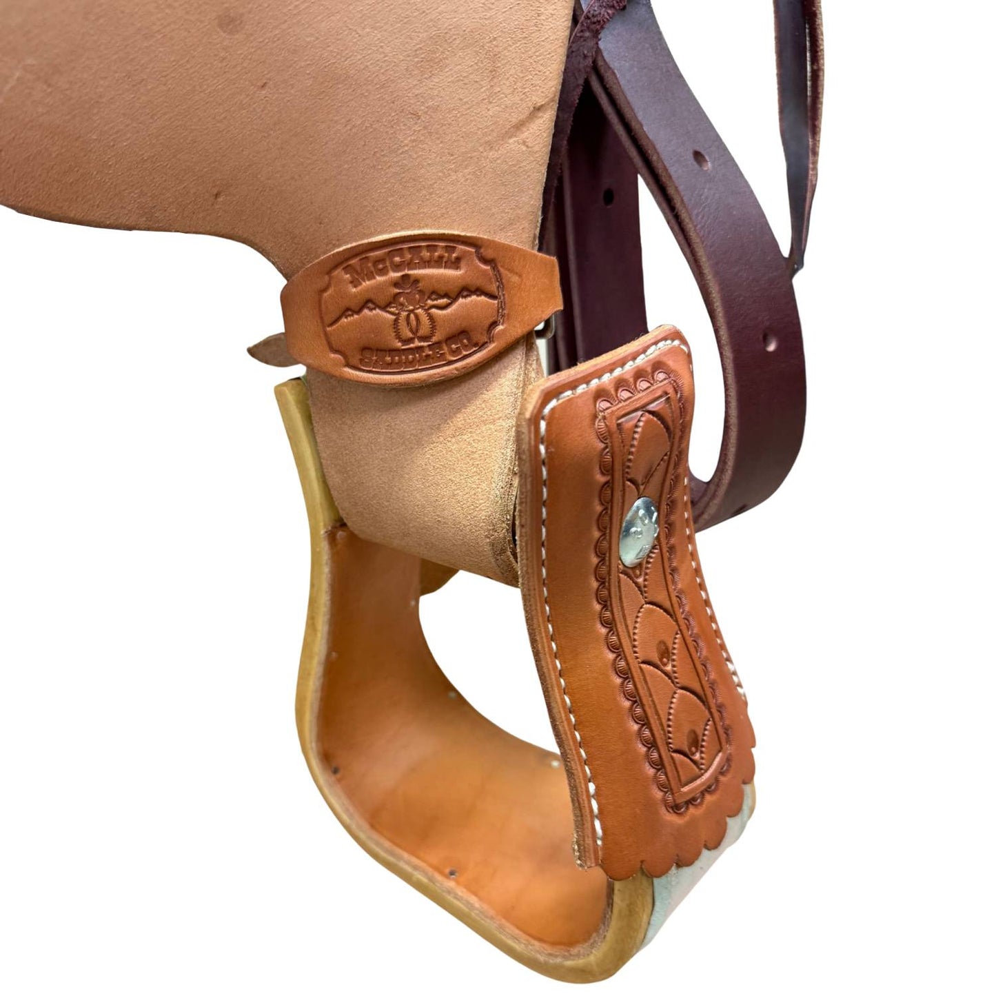 15" McLite All-Around Trail Saddle with Padded Seat, Roughout Jockey, Light Oil with Shell Border Tooling