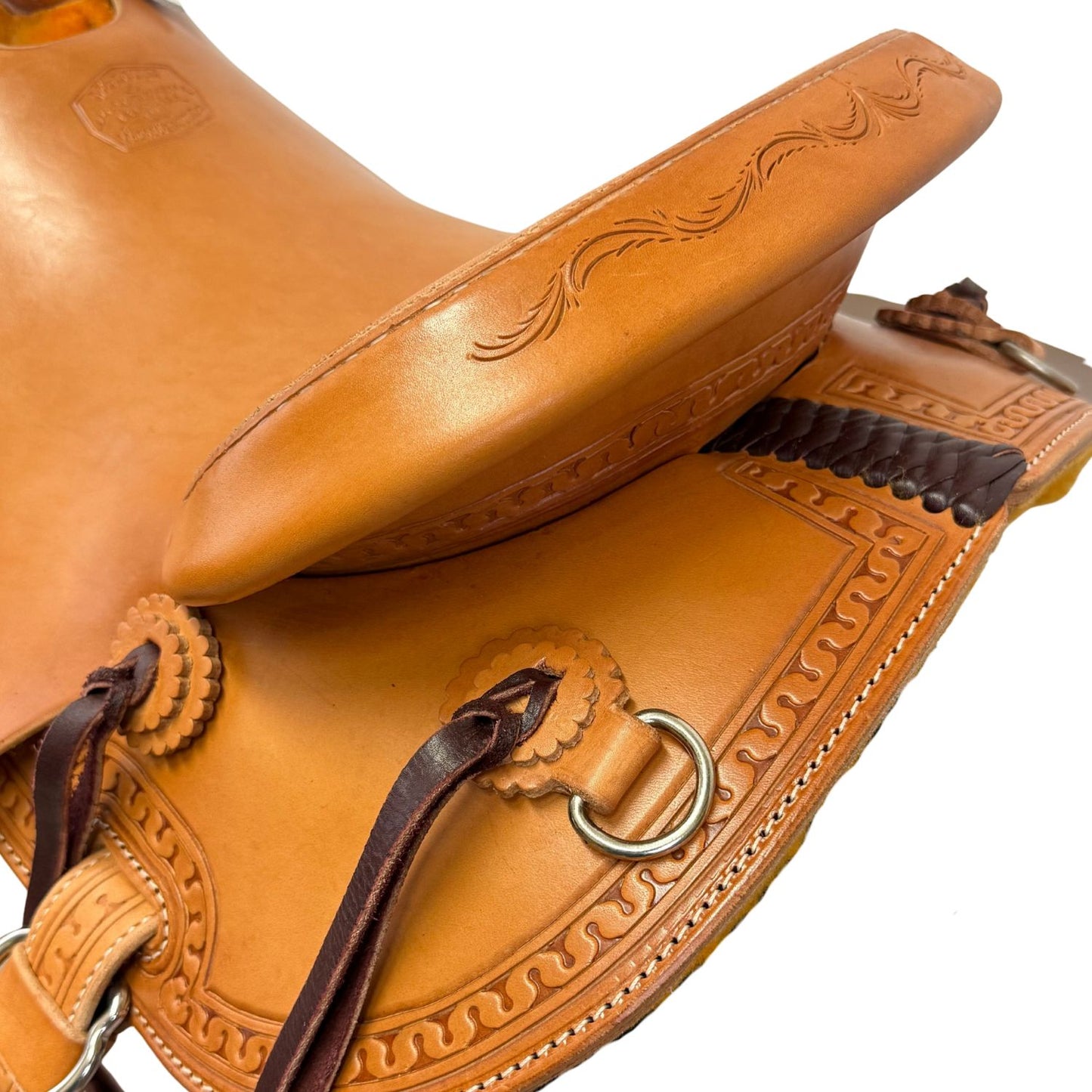 McCall McLite Wade Trail Saddle with 15" Hard Seat, Light Oil with Carlos Border Tooling