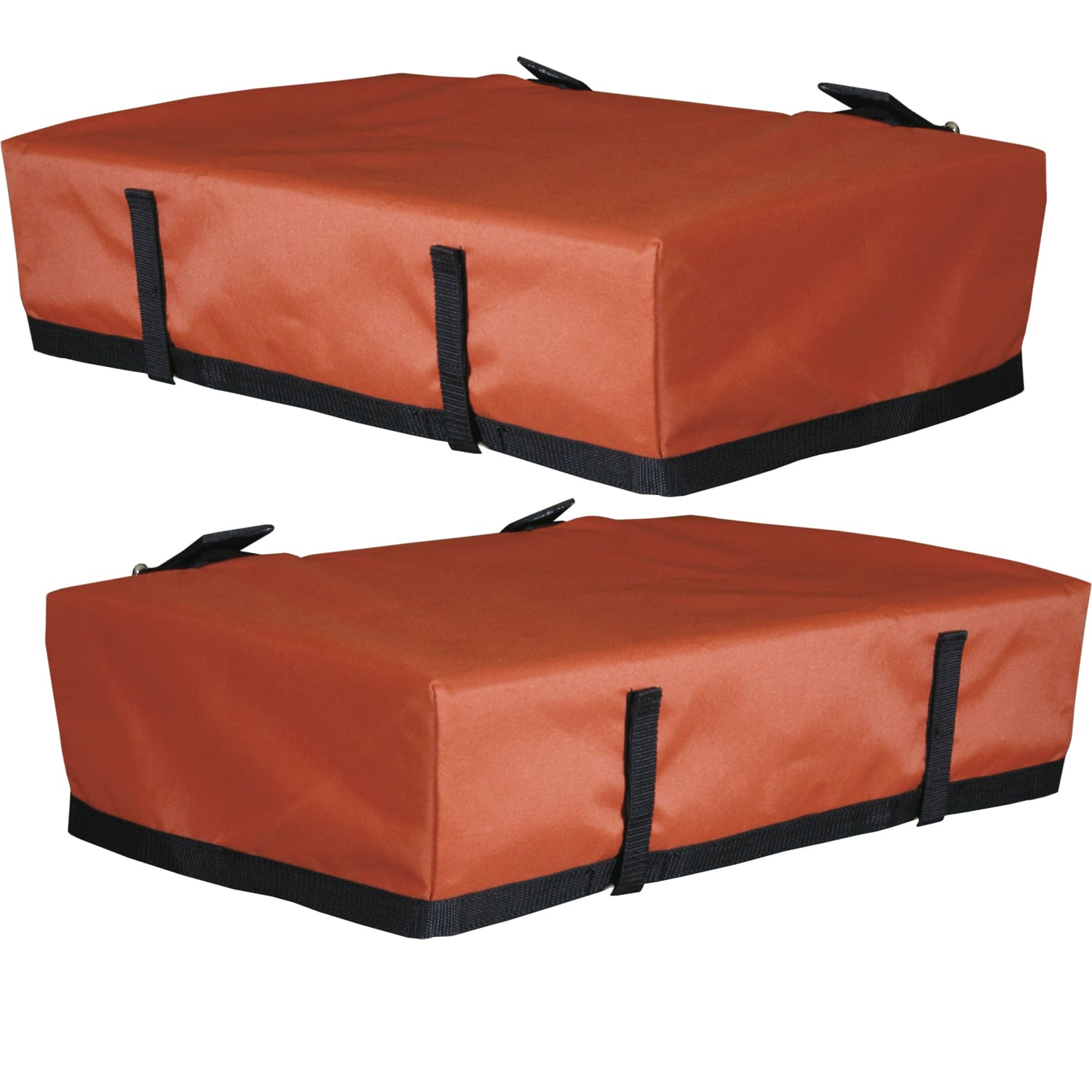 Pair of orange TrailMax pannier rain covers on white background