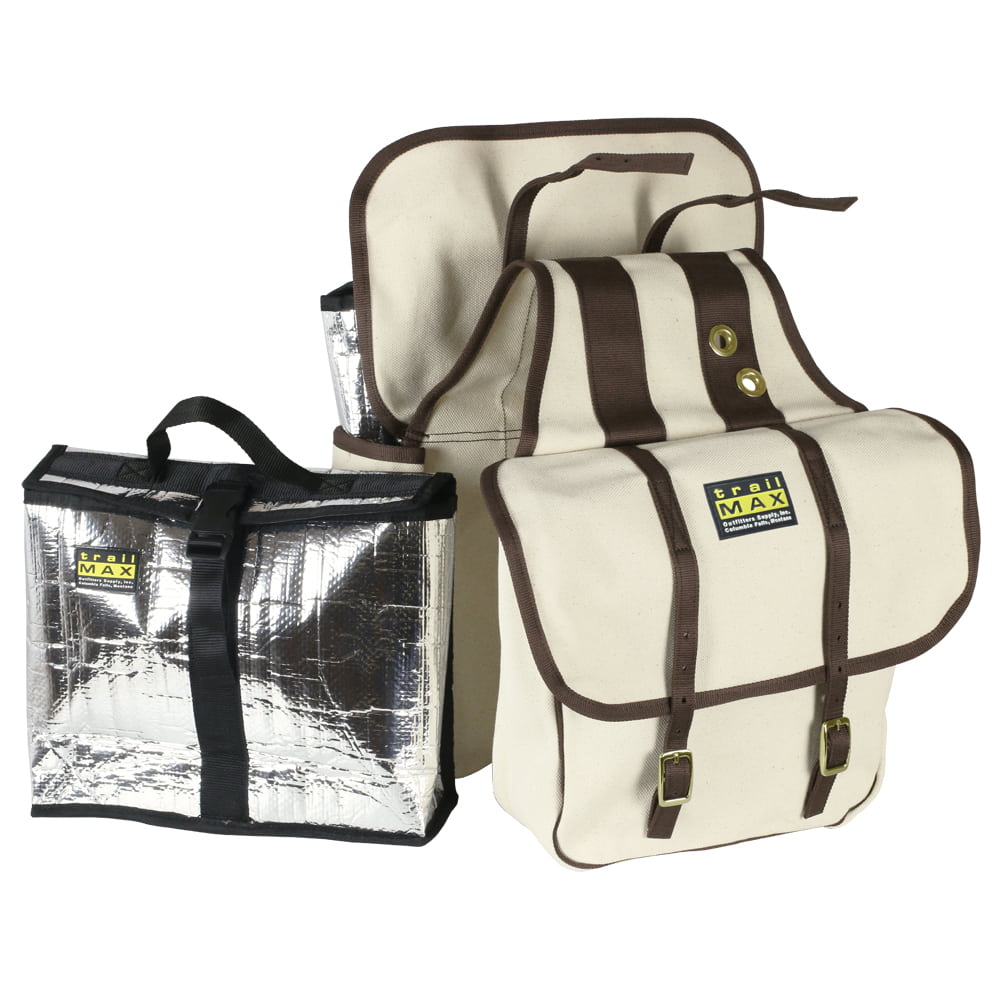 Set of canvas saddlebags with grab-and-go insert sitting beside it on white background