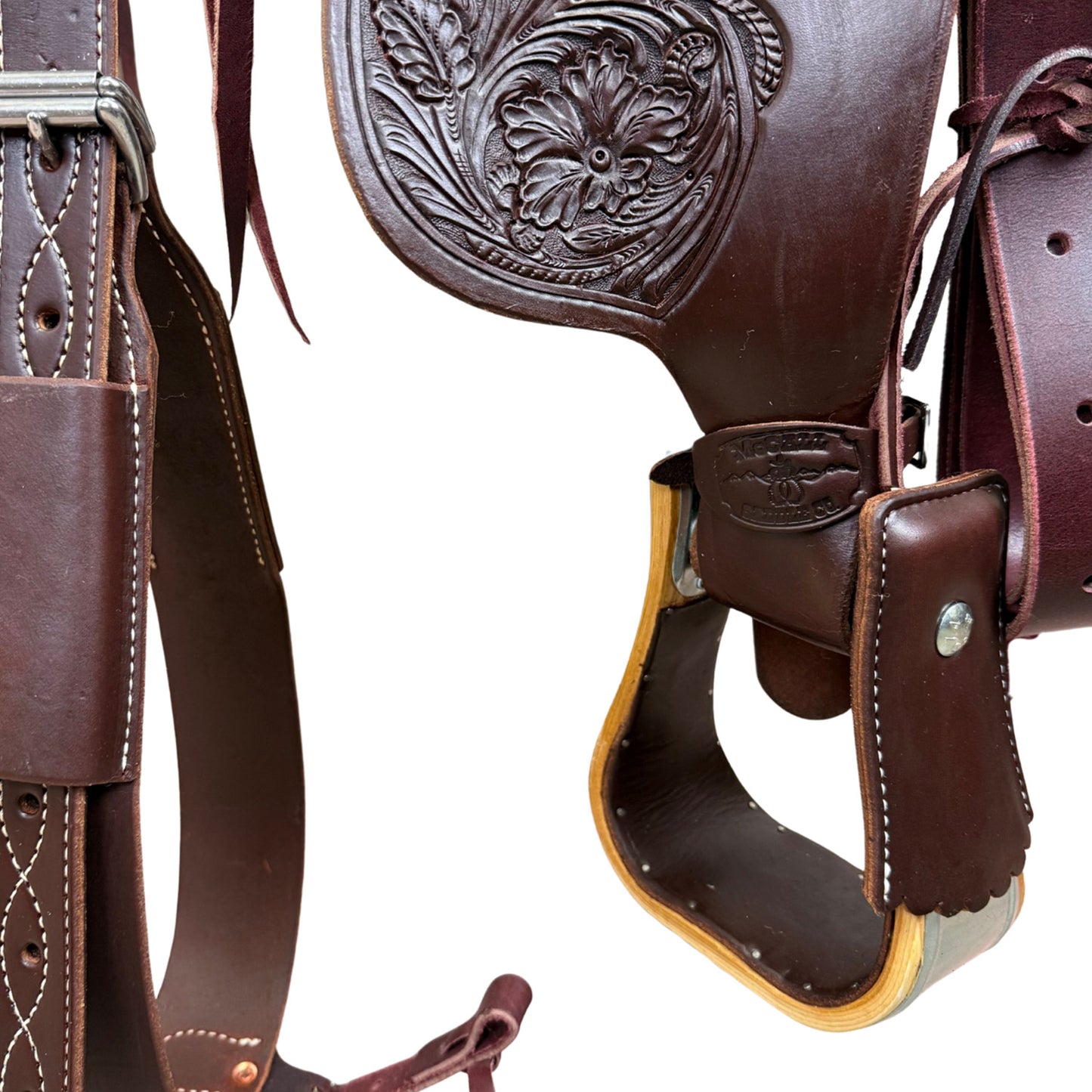 14" McCall McLite Wade Trail Saddle in Dark Oil with Sheridan Floral Tooling