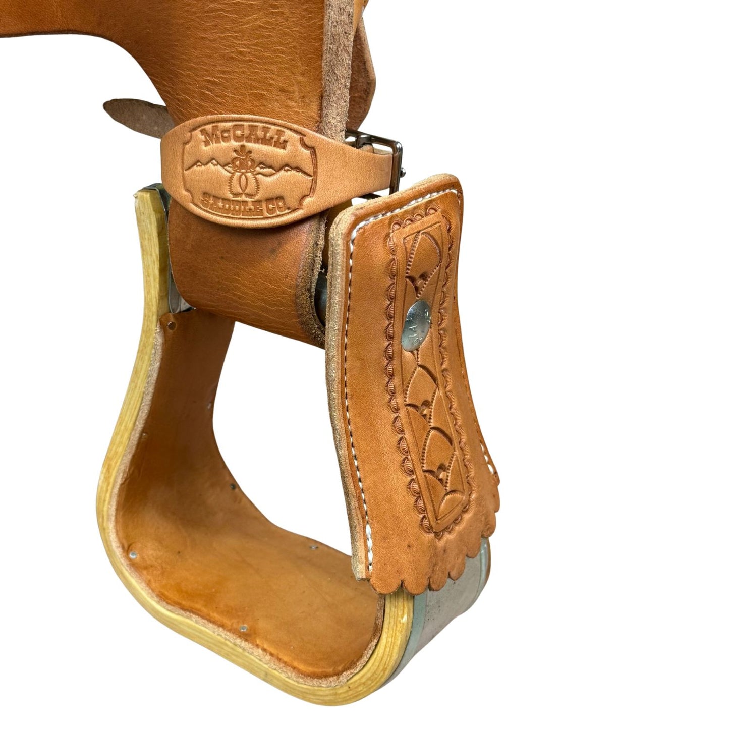 16" McCall McLite Wade Trail Saddle in Light Oil with Shell Border Tooling