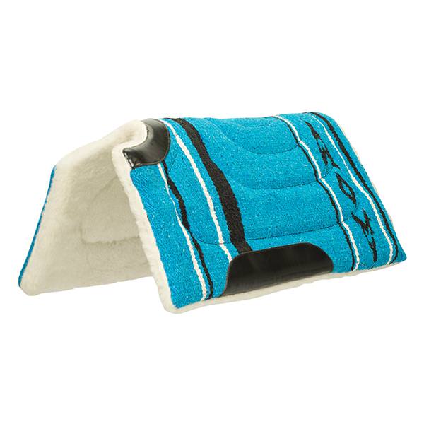 Turquoise and white saddle pad with wither cutout.