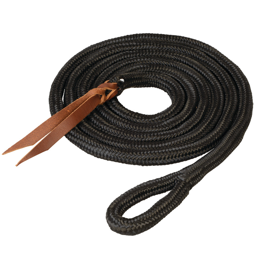 A 10-foot long black poly cowboy lead rope with a loop end and a leather popper with a bleeding-heart knot.
