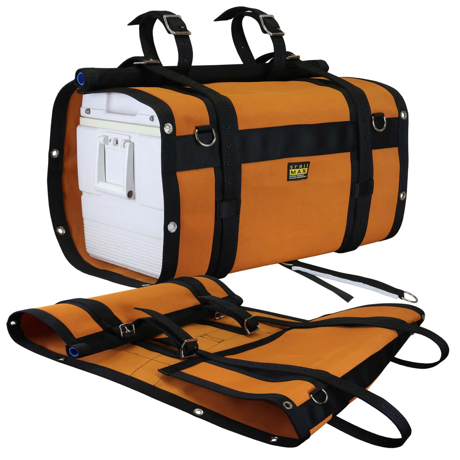 A pair of brown iron cloth pack slings with black straps and buckles, designed to attach to a pack saddle for transporting items.