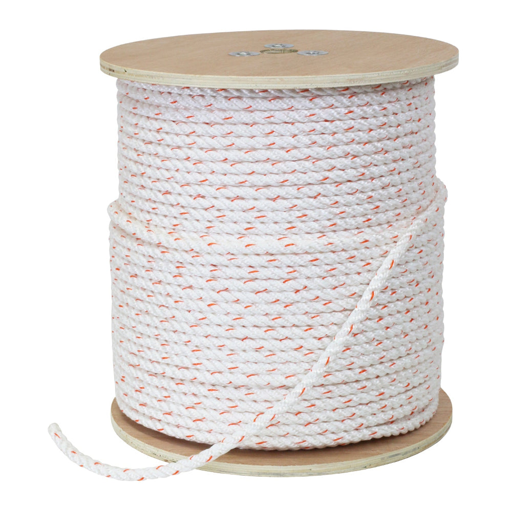 A spool of white polypropylene rope with red flecks, wound around a wooden reel.