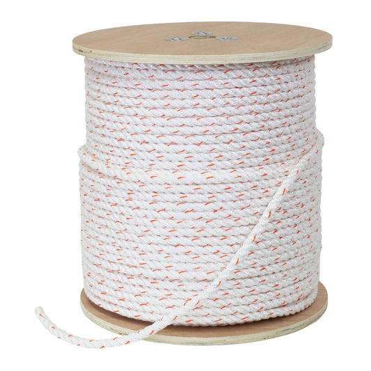 A spool of white polypropylene rope with red flecks, wound around a wooden reel.