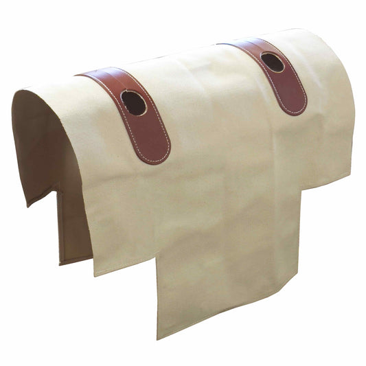 A beige canvas quarter breed designed to protect a Decker Pack Saddle, featuring latigo leather reinforcements and stitching.