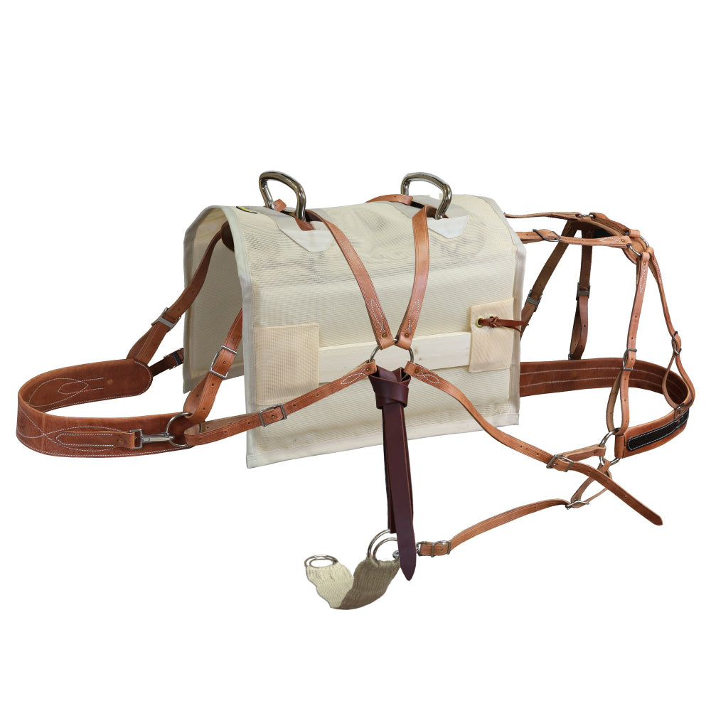 Horse pack saddle with modified arches, mesh cover and leather rigging