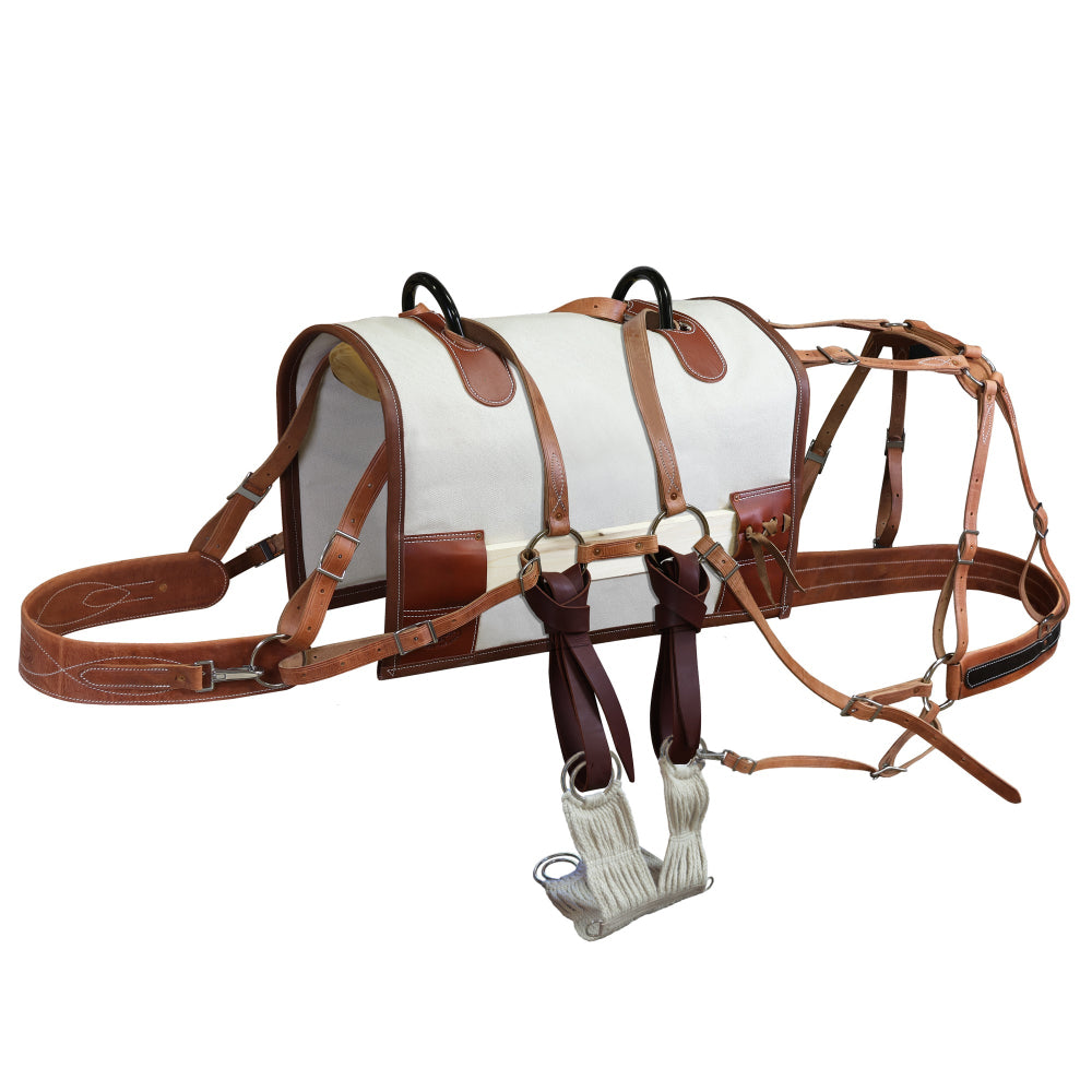 double rigged Classic Decker pack saddle with canvas half breed and leather rigging