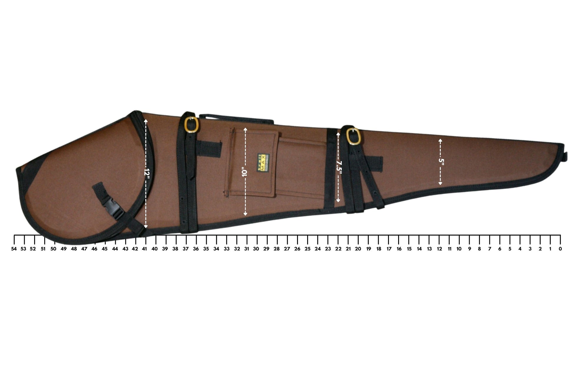 Brown leather rifle scabbard shown with  measurements