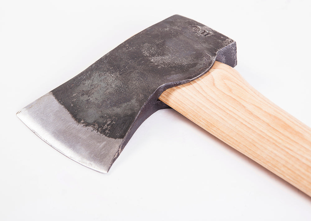 Wooden-handled axe on a white background