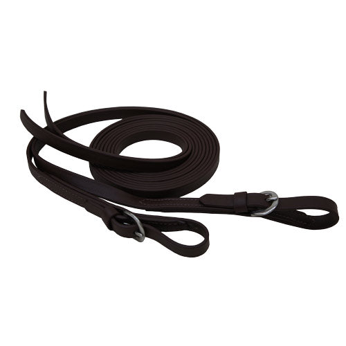 A black Beta Biothane nylon buckle rein with stainless steel buckles at the bit ends, designed for equestrian use.