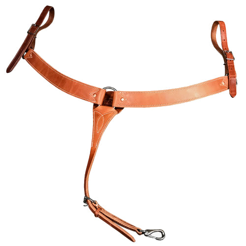 A brown leather horse breast collar with 2-inch wide shoulder straps, 1-inch tug straps, and stainless steel hardware.