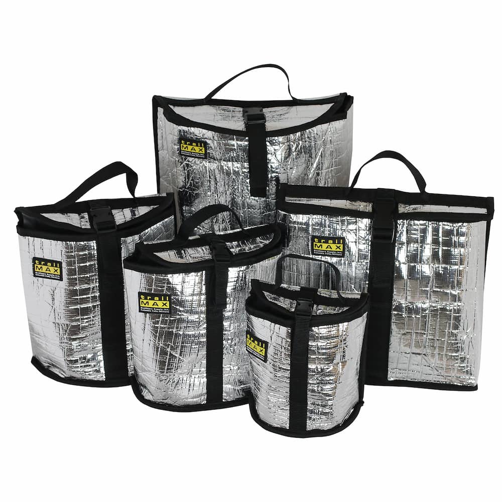TrailMax Grab-and-Go saddle bag inserts in various sizes, featuring a reflective silver material and black handles shown together on a white backgound.
