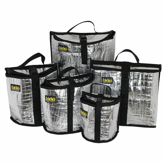 TrailMax Grab-and-Go saddle bag inserts in various sizes, featuring a reflective silver material and black handles shown together on a white backgound.