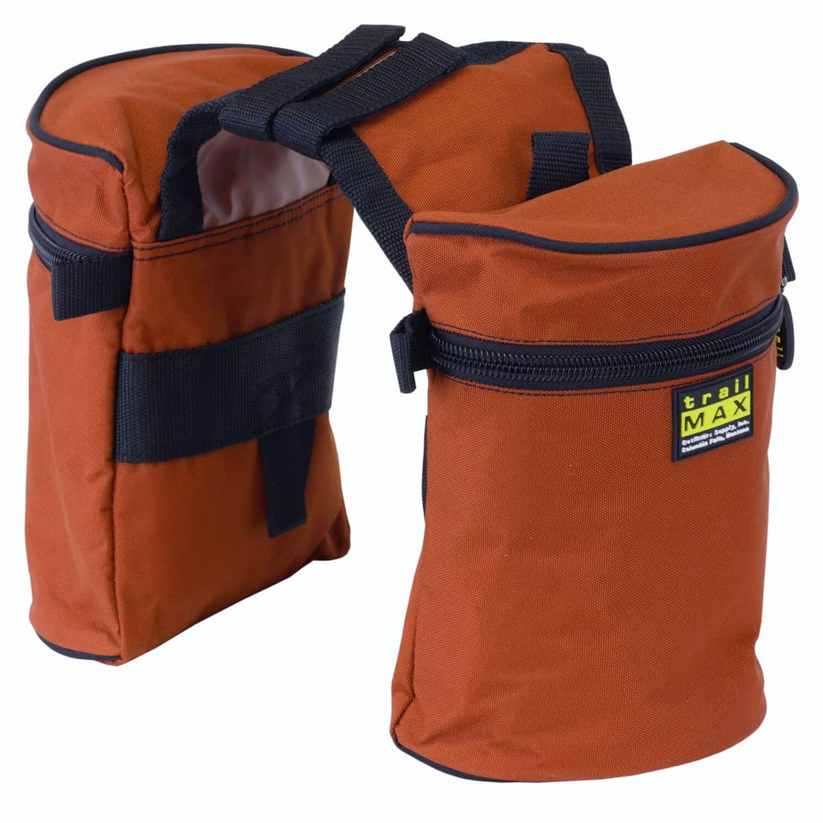 Set of rust colored medium TrailMax hornbags on white background