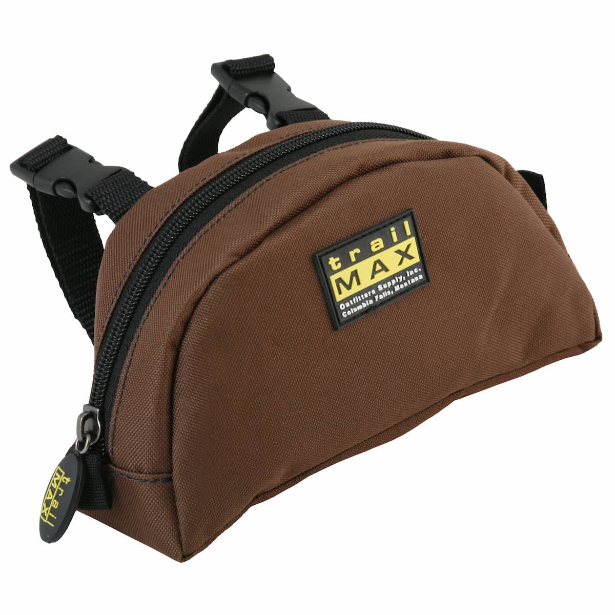 A brown TrailMax pommel pocket saddle bag with a heavy duty zipper and side release buckles, designed to attach to the pommel of a saddle.