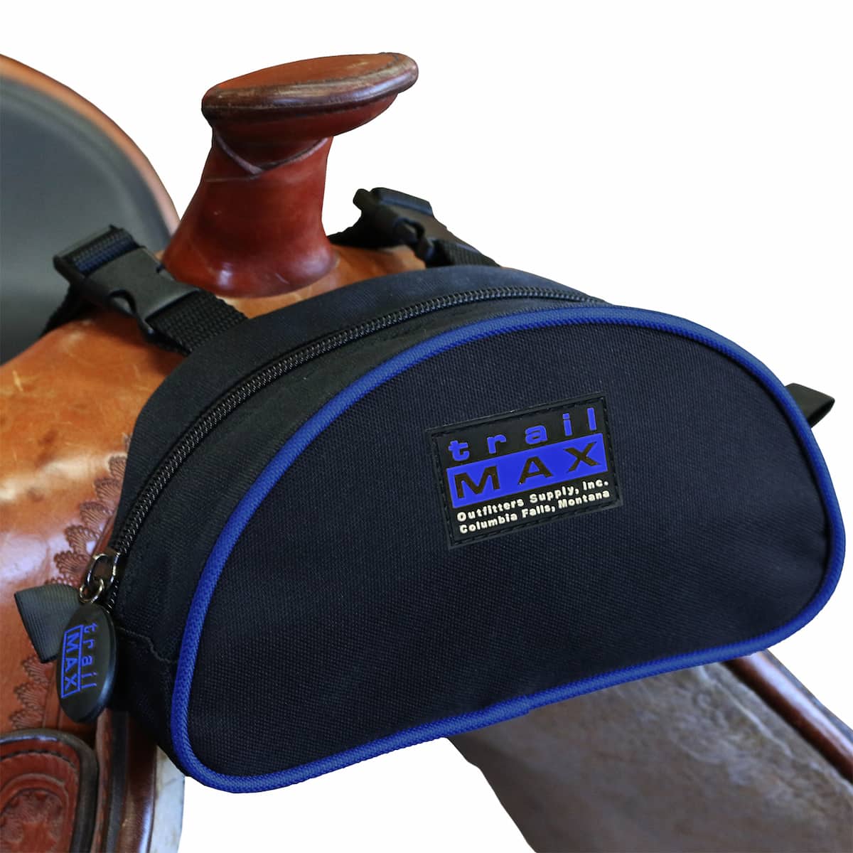A black TrailMax pommel pocket saddle bag with blue piping, a heavy duty zipper and side release buckles, designed to attach to the pommel of a saddle.