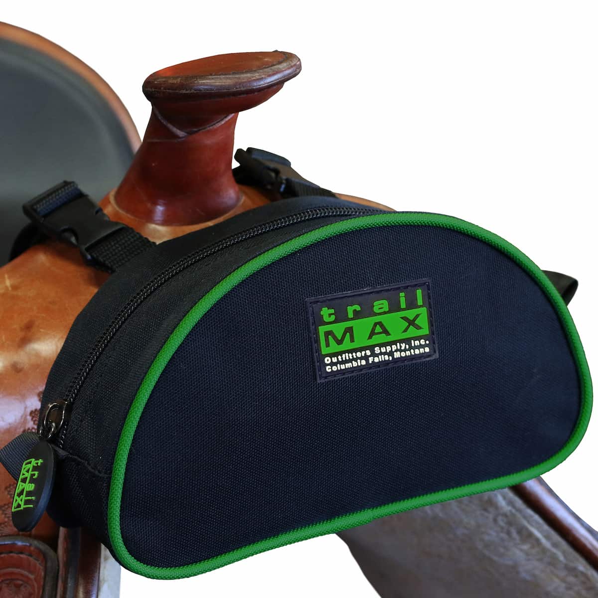 A black TrailMax pommel pocket saddle bag with green piping, a heavy duty zipper and side release buckles, designed to attach to the pommel of a saddle.
