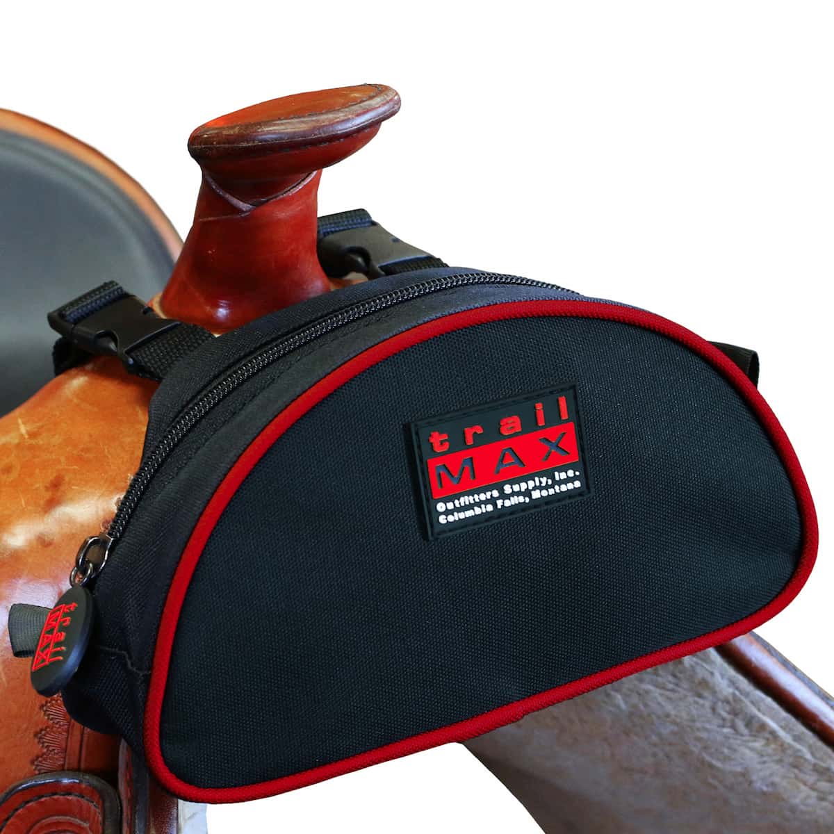 A black TrailMax pommel pocket saddle bag with red piping, a heavy duty zipper and side release buckles, designed to attach to the pommel of a saddle.