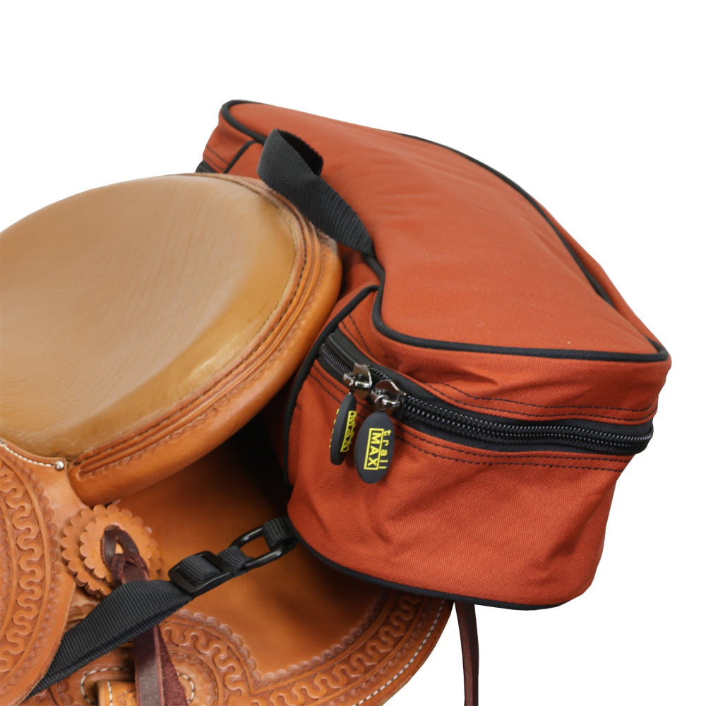 A rust colored TrailMax cantle bag attached to a saddle, featuring a zip closure and side straps.