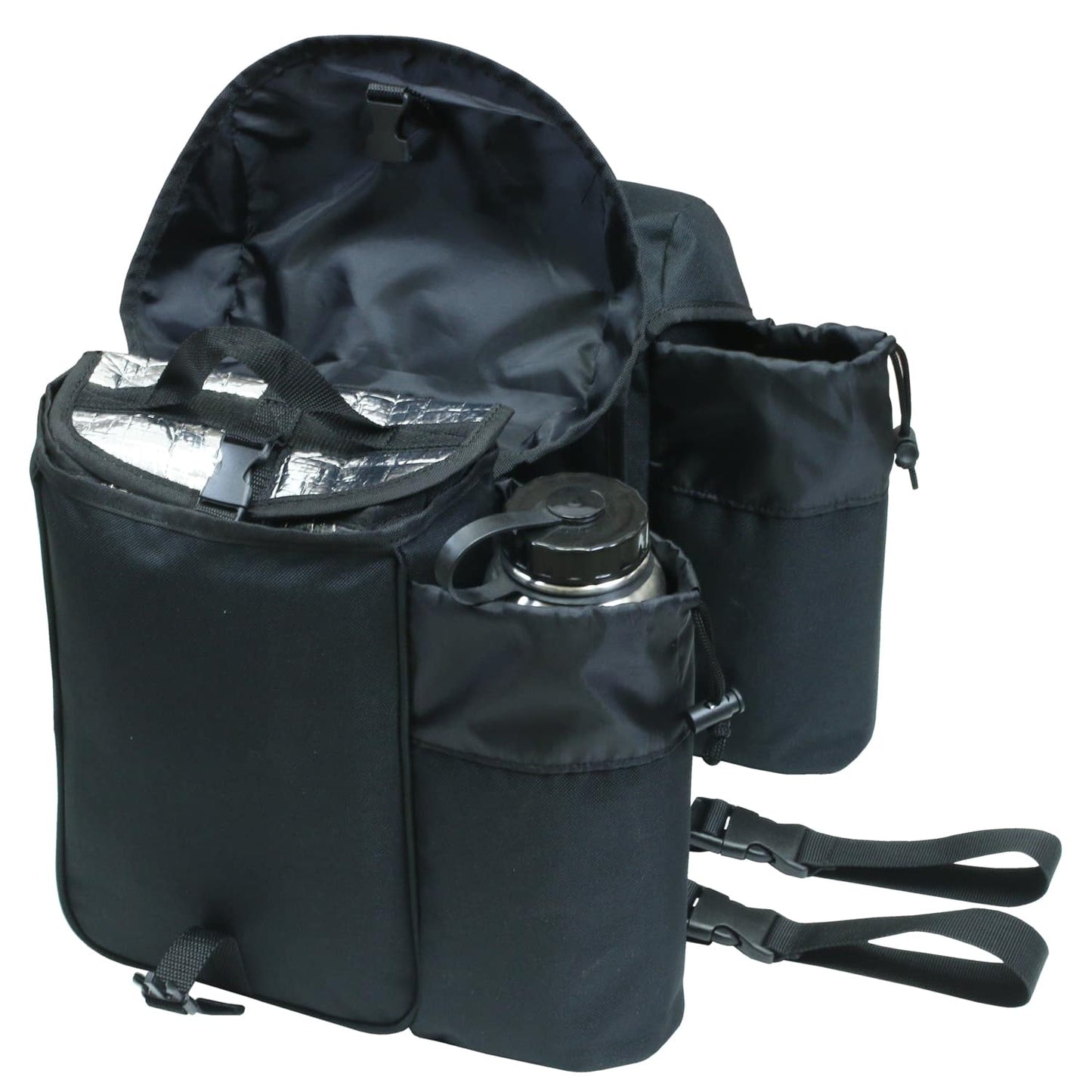 Set of black TrailMax Big Sky Saddlebags on white background showing removable insert in main compartment and water bottle inside the designated water bottle pocket.