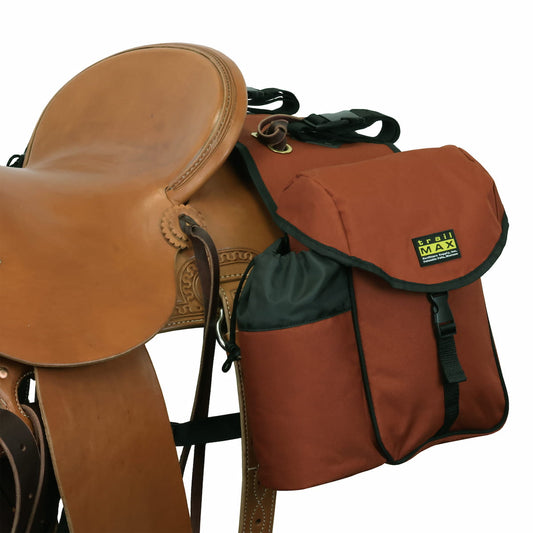 A rust-colored saddle bag with water bottle holders attached to a saddle, with a visible TrailMax brand logo on the side.
