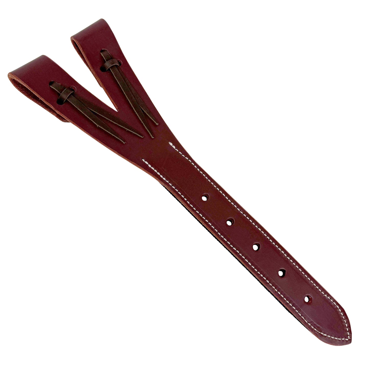 Brown leather "Y" shaped horse saddle billet on white background