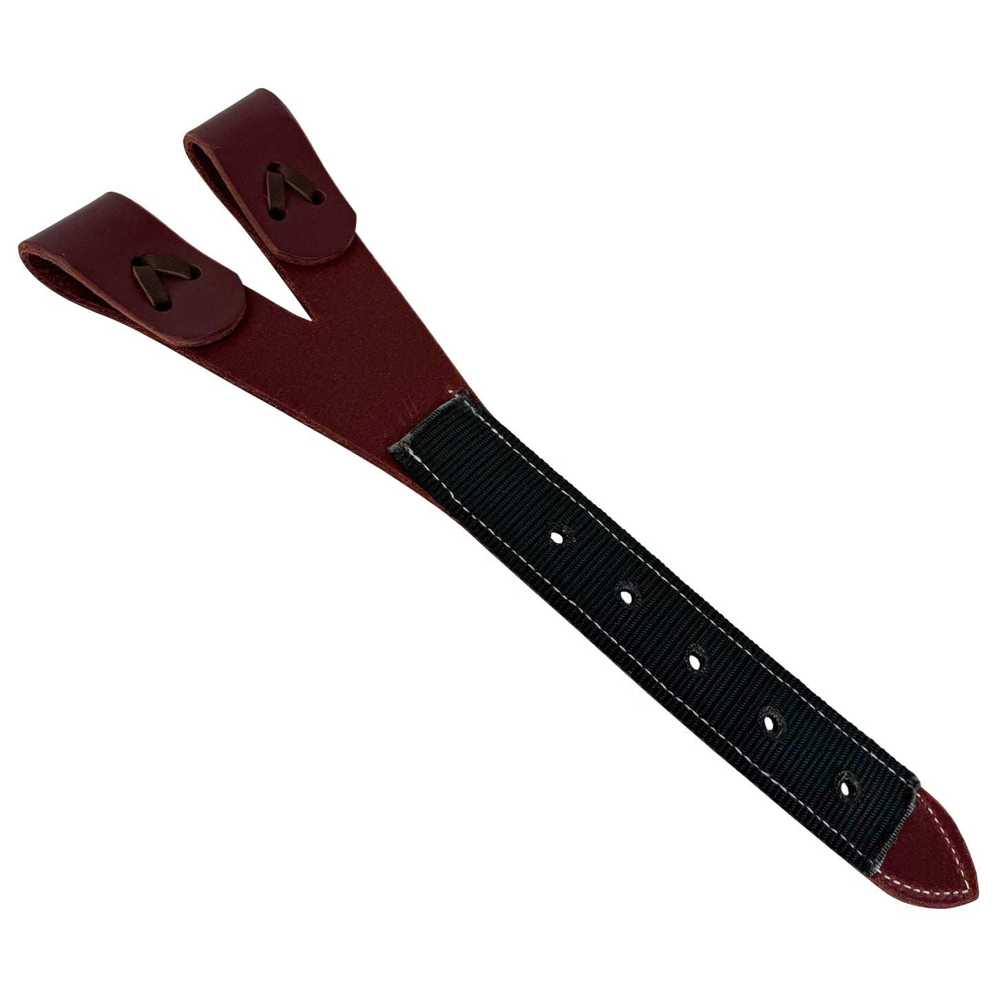 Back side of brown leather "Y" shaped horse saddle billet on white background