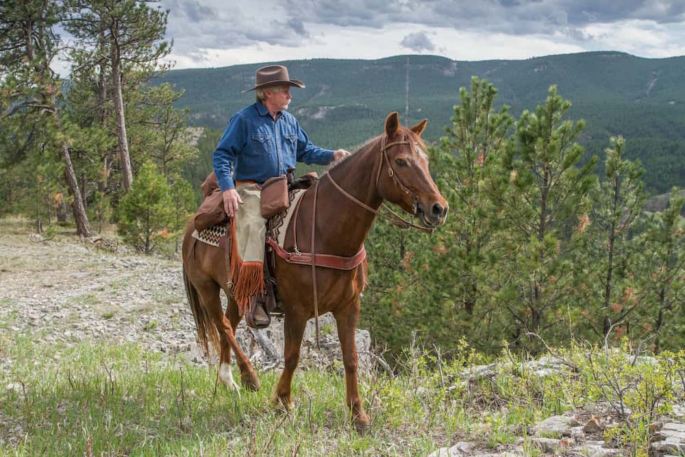 Man riding a horse with backcountry breastcollar in a mountainous landscape with trees and clouds.