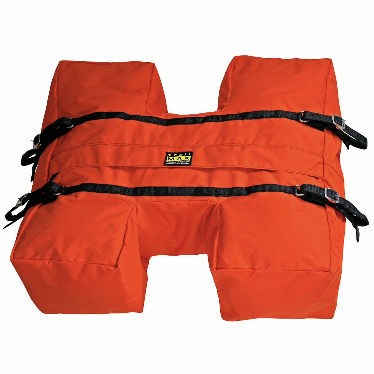 An orange TrailMax H-Style Top Pack with adjustable straps designed for putting on top of a pack saddle load