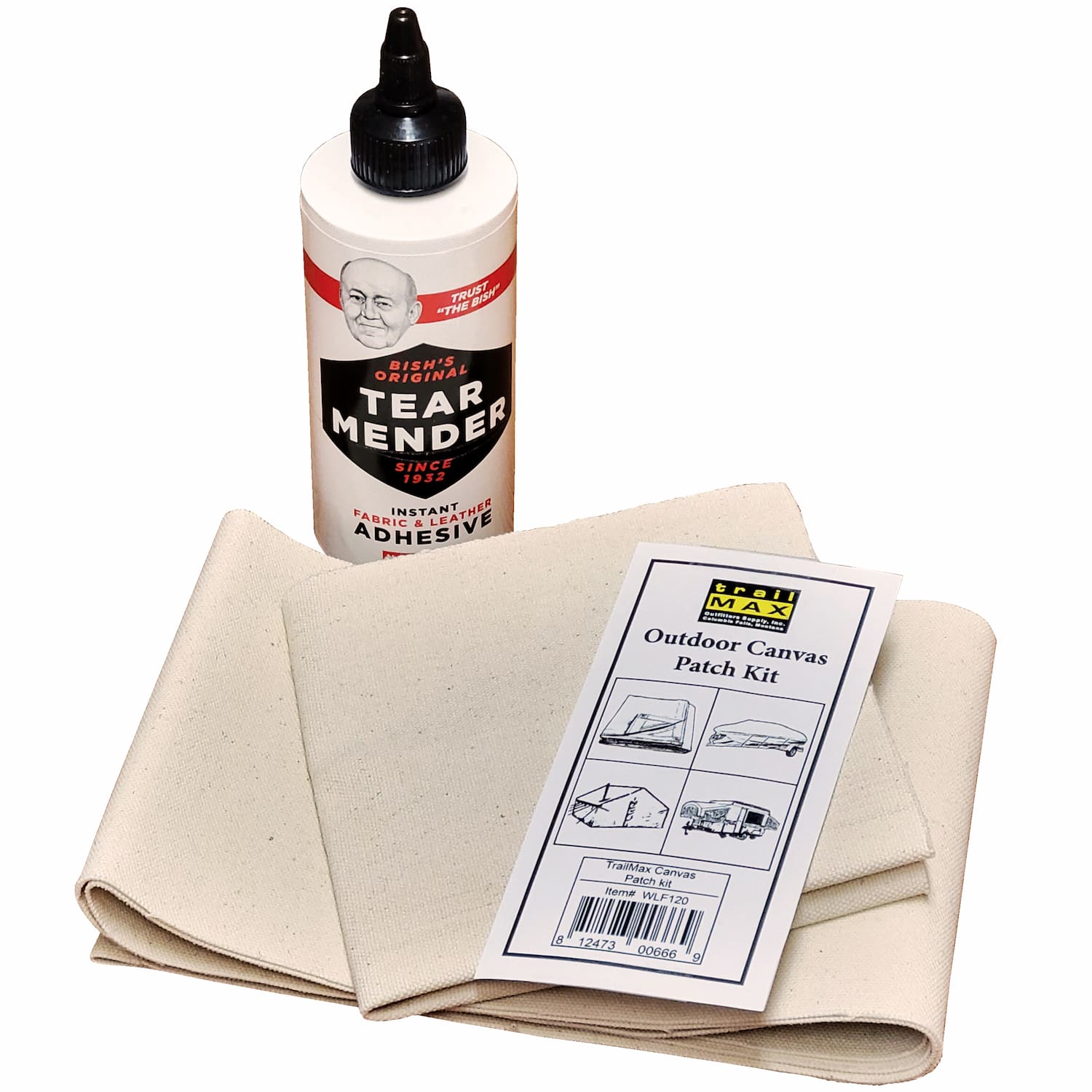 Outdoor canvas patch kit with Tear Mender glue bottle and canvas patches on a white background