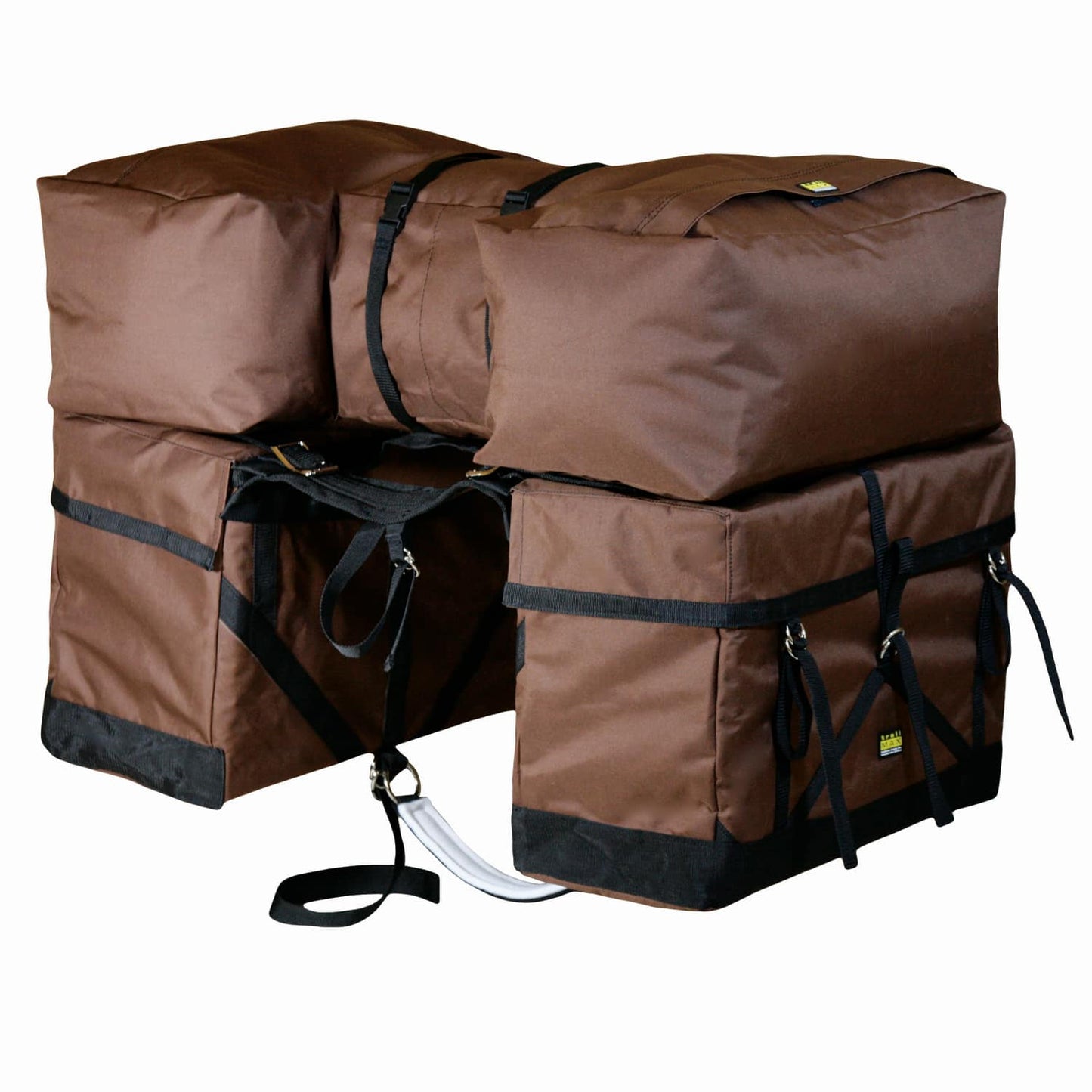 A pair of brown Pack-A-Saddle pannier packs with black straps and buckles, designed to be attached to a saddle.