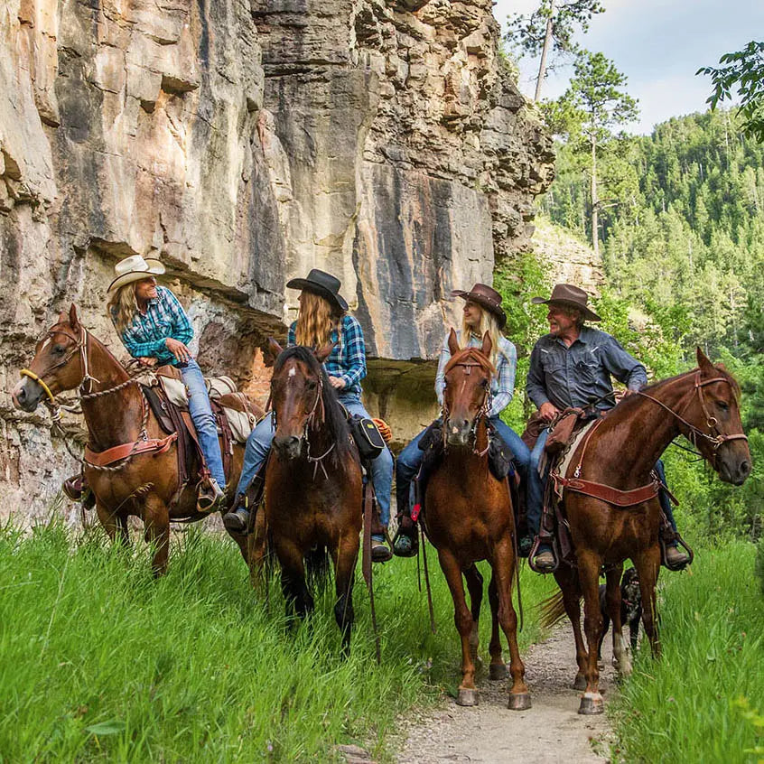 4 trailriders with TrailMax Saddlebags on their horses, staning by a rocky clif