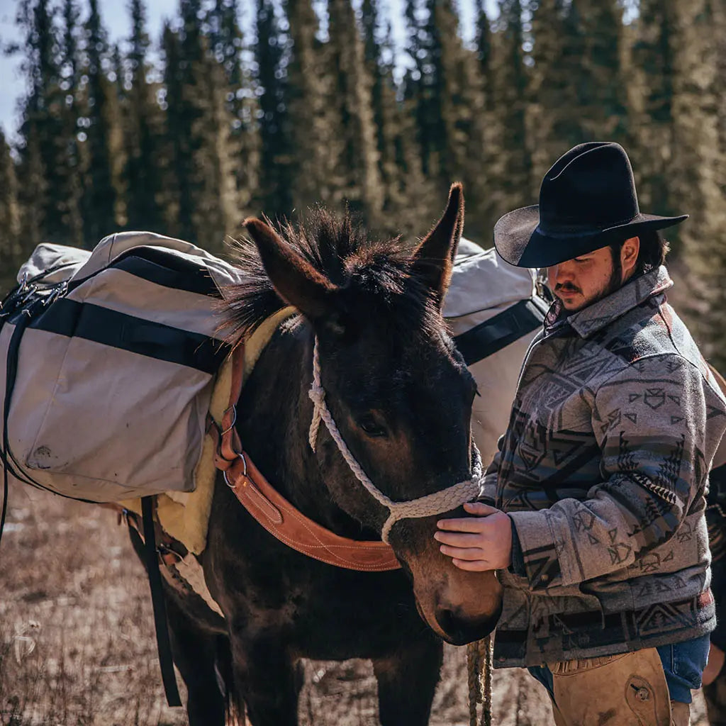 man standing with mule that has oversize canvas pack panniers on a pack saddle on its back
