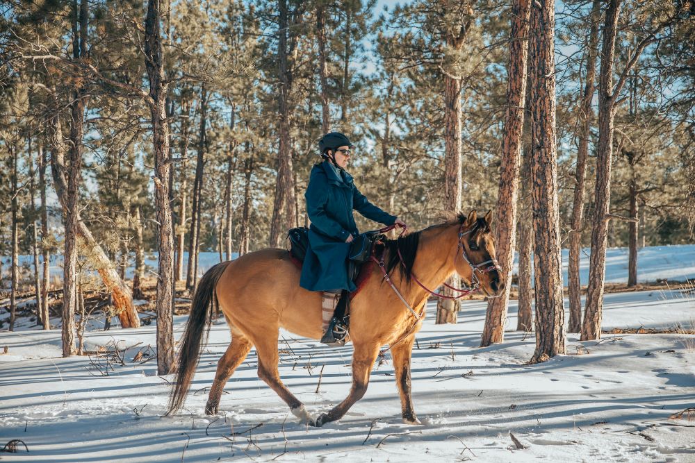 girl riding a buckskin colored horse on a snowy landscape with a set of English pommel bags and English cantle bag on the saddle