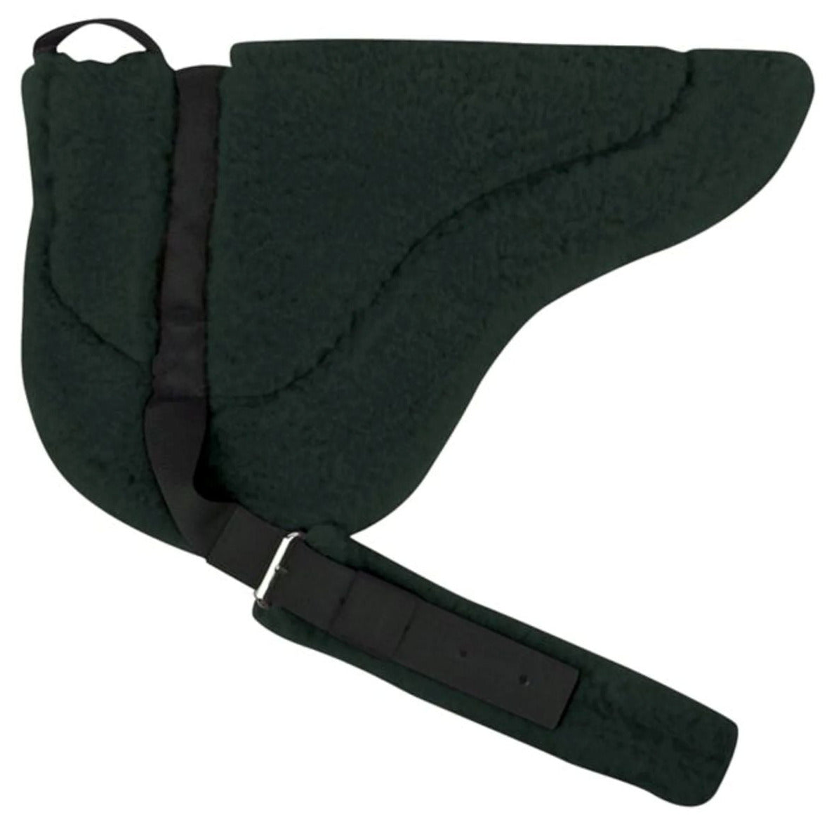 Dark green  bareback horse pad with a cinch strap on a white background