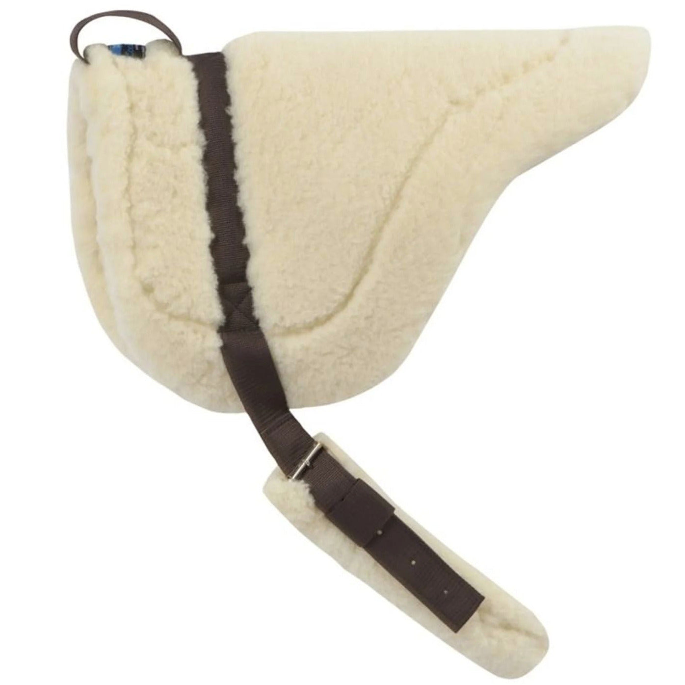 White bareback horse pad with a brown cinch strap on a white background
