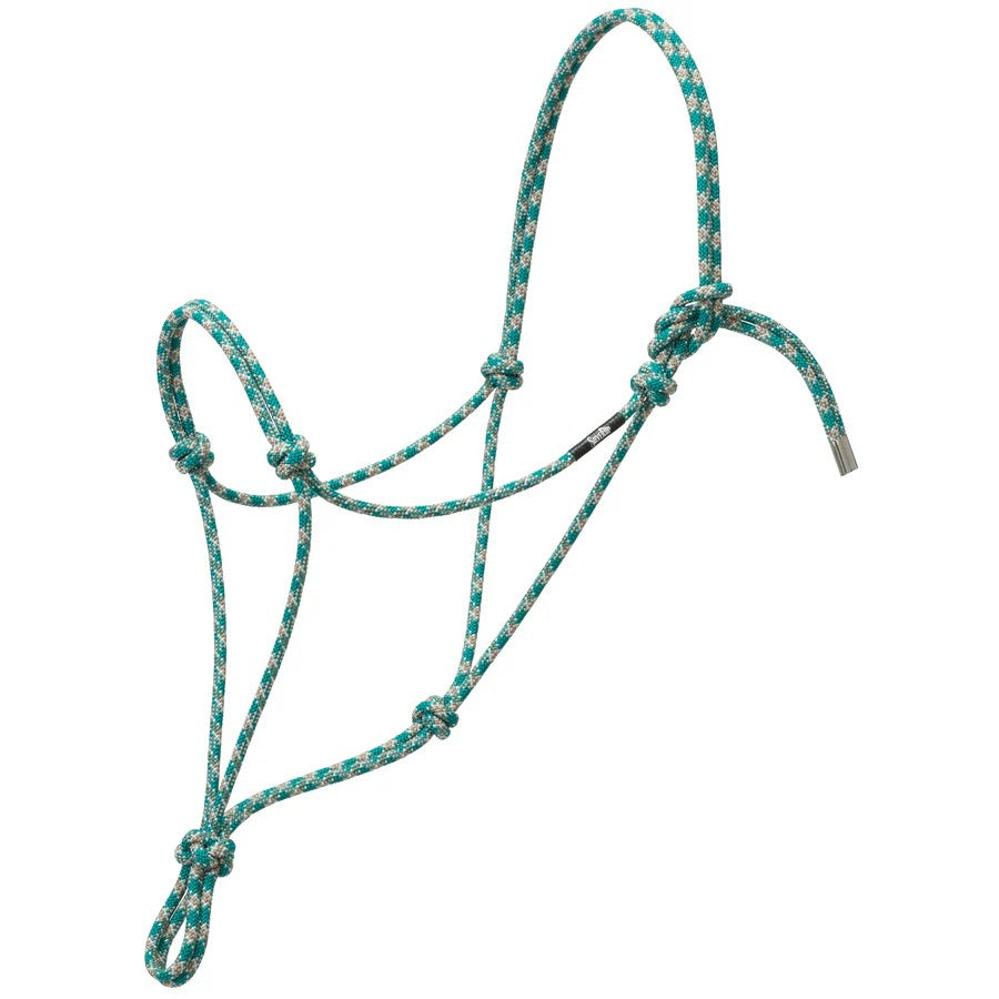 Silvertip rope halter for large horse in teal color, handcrafted for quality and performance, rot and mildew resistant.