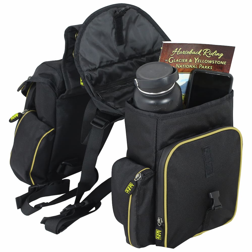 Set of 500 Series Back Pockets shown open with water bottle, book and cell phone inside main pocket