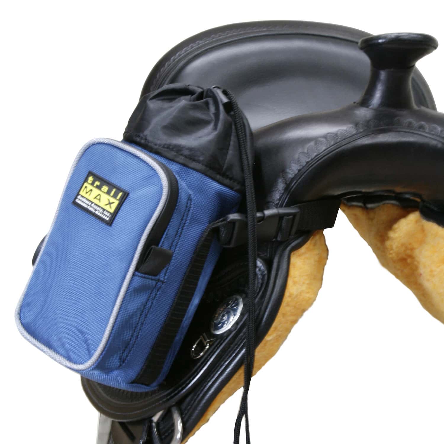 Blue 500 Series Water Pocket shown hanging on the pommel of a black western saddle
